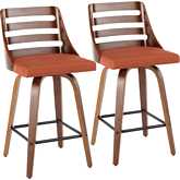 Trevi Counter Stool in Walnut Wood & Orange Fabric (Set of 2)